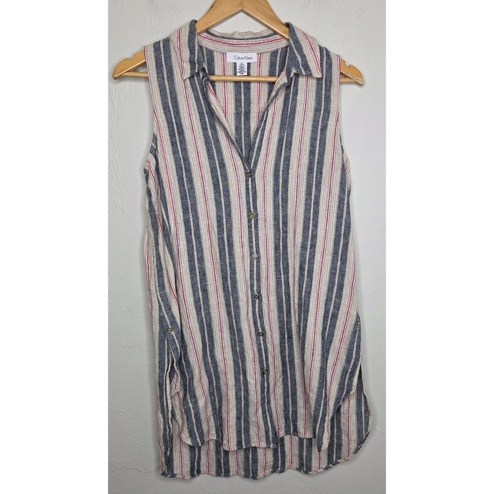 Calvin Klein Linen Blend Red Blue Striped Sleeveless Button Down Top Shirt Small
